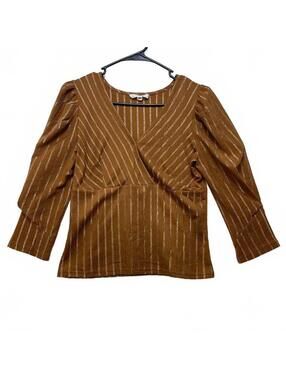 Mine Women's Brown Stripe Surplice Blouse Puff Sleeve Medium